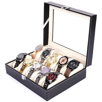 10 חריצים יוקרה אופנה גברים הביתה צבע שחור עור pu קופסת השעון איכותי לצפות תיבת אחסון גברים שעונים 0907-43