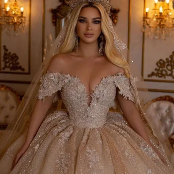 2021 שמפניה שמלות חתונה גודל פלוס פאייטים את הכתף בציר שמלות כלה בלינג בלינג vestido de נוביה