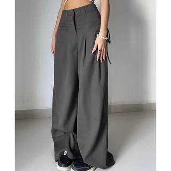 2023 Shirring מזדמן רחב הרגל המכנסיים נשים גבוהה המותניים רחוב יסוד רופף זיעה מכנסיים קוריאני רטרו אפור משרד ליידי המכנסיים