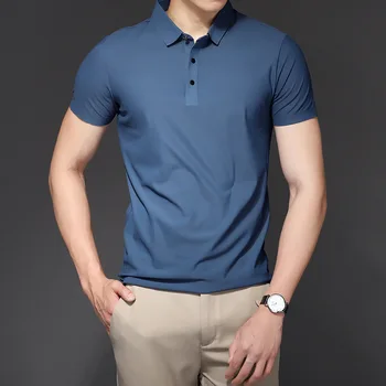 2023 גברים חולצת פולו עם עקבות פסים שרוול קצר דש עליון אלסטי החולצה עסקי מזדמן בגדי גברים