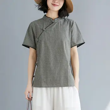 2023 הקיץ סיני רטרו הכפתור העליון השתפר cheongsam זה עם החולצה של נשים קיץ רופף ספרותית אריג כותנה פשתן משובח החולצה