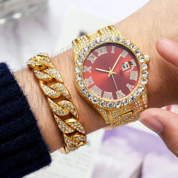 2PCS חדש 2021 גברים נירוסטה השעון זהב אופנה יוקרתי לוח קוורץ שעונים ריינסטון שעוני יד אדם השעון רלו