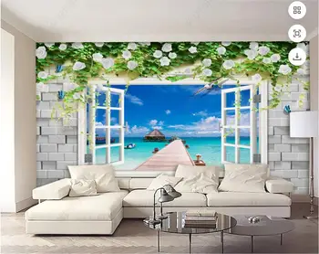 3d תמונות טפט מותאם אישית ציור קירות לבנים, חלונות, ענבים, רוז נוף לים קישוט הבית הסלון טפט על קירות 3 d