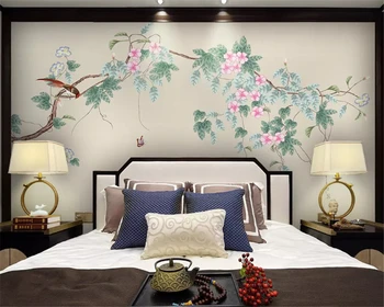 beibehang 3d טפט מותאם אישית חדש סיני פריחת השזיף-יד מצוירים פרחים ציפורים רקע ציור דקורטיבי קיר נייר