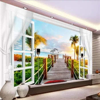 beibehang מותאם אישית טפט תמונה ציורי קיר הסלון נוף 3D וילונות החלון קוקוס דקל הטלוויזיה רקע קיר נייר ציור 3d