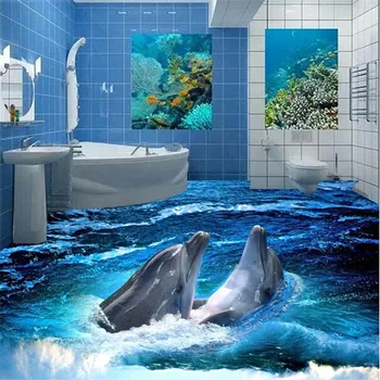 beibehang קומה טפט סטריאוסקופית דולפין האוקיינוס קיר אמבטיה רצפת ציור קיר PVC טפט דביק קומה הציור