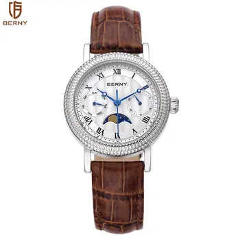 Berny שעון נשים קוורץ שעון יד משולב יוקרה עסקים שעונים עמיד למים שעון ירח שלב חלון עור להקת שעון