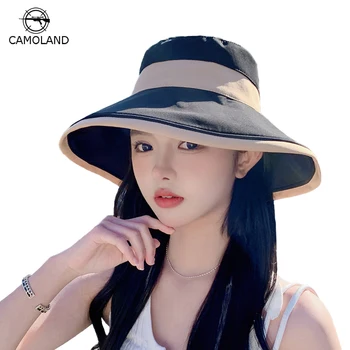 CAMOLAND נקבה גדולה שוליים דייג כובע קיץ חוסם שמש כובע אופנה קשת חוף כובע השמש מזדמן שווי חיצוני דלי