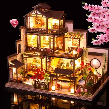 DIY עץ הבובות ערכת מיניאטורי בניין עם רהיטים, אביזרים להרכבת צעצועים יפנית עתיקה לופט בית בובות ילדים מתנה