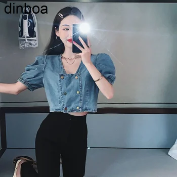 Hstar קוריאני נשים שרוול קצר בציר כיכר כפול עם חזה כפתור ג ' ינס, חולצה בנות גזורה החולצה רזה סקסית Blusas טי