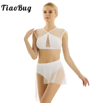 TiaoBug נשים סימטרית רשת חצאית בלט השמלה Dancewear גזורה עם מיני מכנסיים חצאית עכשווי לירית ריקוד תלבושות