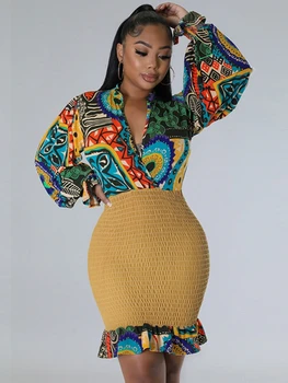 אביב סתיו אפריקה בגדים שרוול ארוך שמלה אפריקאית שמלות עבור נשים סקסית V-צוואר פרספקטיבה סלים שמלה משרד ליידי מסיבה