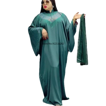 אביב קיץ סגנון אופנה 2023 אפריקה נשים שרוול ארוך עם צווארון וי ירוק פוליאסטר שמלה ארוכה אפריקה שמלות לנשים Abaya
