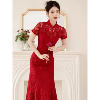 אדום רטרו Cheongsam אופנה עומד הצוואר ציצית תחרה צ ' יפאו סינית מסורתית שמלה אלגנטית זנב דג הכלה טוסט בגדים