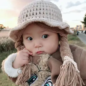 אופנה בנות תינוק פאה קלועה רצועות סרוג כובע דלי הכובע צילום אביזרים