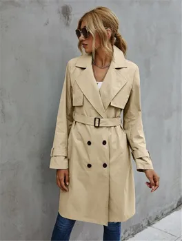 אופנה נשים טרנץ ' קליל מוצק צבע המעיל למבוגרים Elagant שרוול ארוך צוואר דש כפול עם חזה חגורת נשים