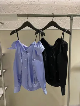 אופנה קלאסית יוקרה מעצב בד סקסי suspender החולצה 2023 הסינגל החדש עם חזה ארוך שרוול החולצה העליון.