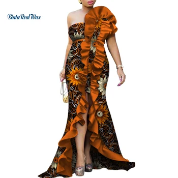 אפריקה שמלות לנשים הדפסה ארוכות שמלות ערב Bazin ריש כתף אחת עטוף שמלות דאשיקי אפריקה בגדים WY3840