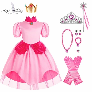 אפרסק הנסיכה שמלת ילדה ליל כל הקדושים תחפושות קוספליי ילדים על הבמה בגדי ילדים, יום הולדת מסיבת קרנבל של תלבושות