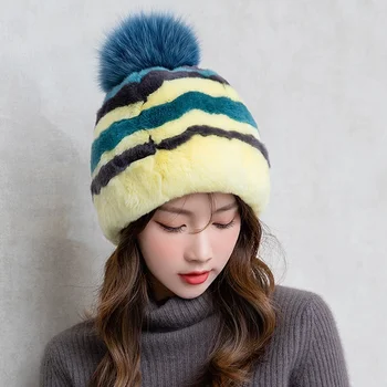 בנות מתוק חמוד חם בכובע פרווה החורף רקס פרווה ארנב פסים עיצוב פרווה כובע פרוות שועל הכדור מעוצבים באיכות גבוהה חיצוני הכובע