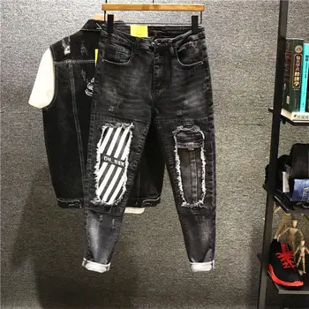 ג 'ינס לגברים שחור גרפי Mens קאובוי מכנסיים עם חורים שבור קרע הדפסה קרוע גראנג' Y2k Harajuku הקיץ למתוח Xs מכנסיים