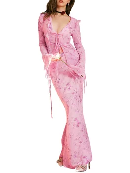 האלגנטי 2-Piece סט העצום רשת קאמי גזורה עם עניבה-מלפנים, ציצית מקסי-חצאית לנשים המסיבה של התלבושת.