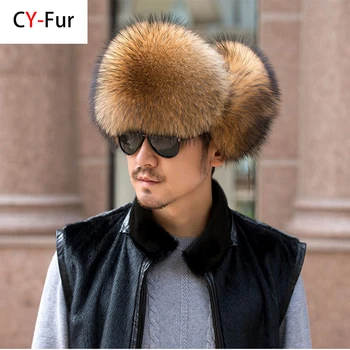 החורף של הגברים 100% כסף אמיתי פרווה המחבל כובע פרווה דביבון Ushanka כובע טראפר בחור רוסי סקי, כובעים כובעי עור אמיתי