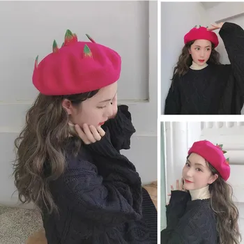 הסתיו והחורף 2023 חדש בעבודת יד פרי Pitaya כומתה דלעת כובע חמוד רך ילדה קטנה עלה צייר כובע צמר כומתה берет