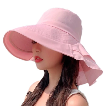 הקיץ Sunhat עבור אישה החוף סגנון מוצק צבע ורוד ,בז', שחור,גדול ברים, רוח החבל,קשת הכובע