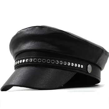 חדשה לנשים גבירותיי סתיו חורף הכומתה Hat PU עור בסגנון בריטי העליון השטוח מתומן כובע מתכוונן נקבה היפ הופ כובע