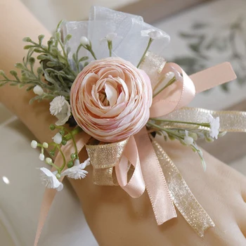 חתונה ורודה היד פרחים צמיד שושבינה זר פרחים צמיד חתונה משי, סרט פרחים מלאכותיים נישואין