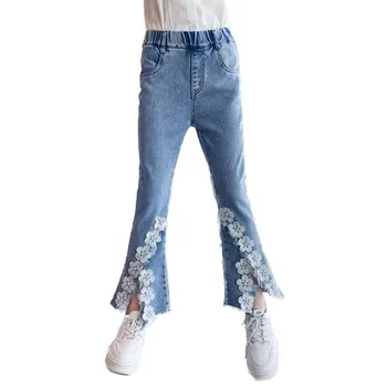 ילדים סקיני ג 'ינס עבור נערת אופנה התלקח מכנסי ג' ינס עם תחרת פרחים נער אלסטי מזדמנים בנות מכנסיים גיל 8 10 12 14Year