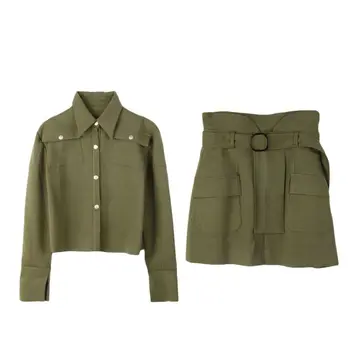 ירוק צבא אריג בכיס הז ' קט חצאית קצרה נשי חליפה סטים 2pcs סט תלבושות אופנה עיצוב קטן דש מעיל ערב ללבוש למסיבה