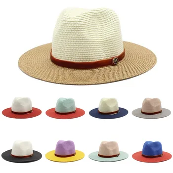 כובע נשי אופנה שחבור שני צבעים מכתב מ ' קש כובע פנמה כובע קש קרם הגנה חוף כובע נשי אופנה הקיץ שטוח המגבעת