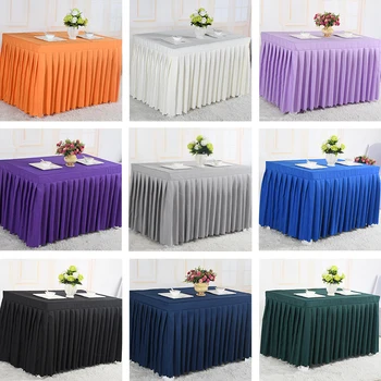 לבן פוליאסטר שולחן חצאית חדר ישיבות מפת שולחן מלבני עם קפלים בד השולחן כיסוי עבור אירועים מסיבת חתונה, אירוע עיצוב