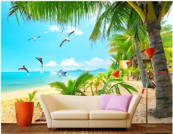 מותאם אישית ציור קיר טפט 3d חוף עץ קוקוס כחול שמיים ענן לבן ימי עיצוב הבית תמונות טפט בסלון