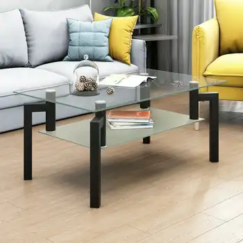 מזג זכוכית שולחן קפה מלבני W/ , מרכז שולחן סלון, שולחן קפה זכוכית שחורה רהיטים, שחור