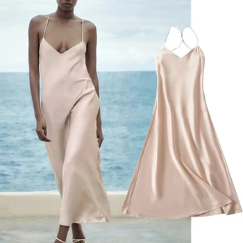 נבול 2023 שמלת הקיץ נשים אופנה סקסית שמפניה לפצל את השמלה רצועת סאטן Midi שמלה