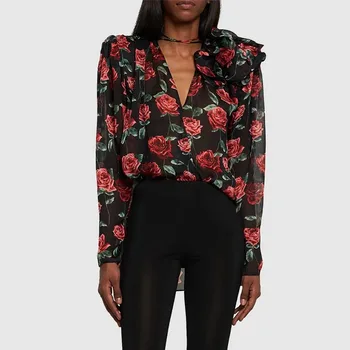 נשים חולצה 2023 סתיו חדש Y2k סטריאוסקופית פרח אופנה מודפס V-צוואר חולצת שרוול ארוך העליון מזדמן תכליתי Tees