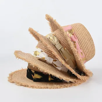 נשים קיץ כובע הגנה מהשמש כובע נשי העליון השטוח קצה מצויצת שוליים רחבים, כובע קשת סרט רפיה, קש כובע חוף כובע שמש כובעים