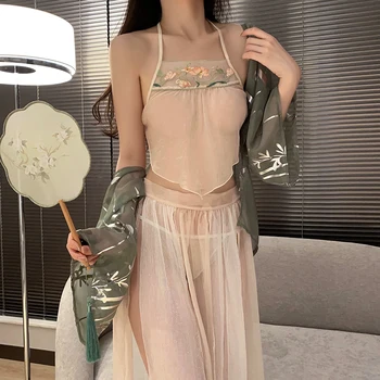 סקסי שיפון חצאית ארמון עתיק בסגנון סינר Hanfu הלבשה תחתונה לנשים כתונת חדש של נשים הלבשת לילה קרא לילה פורנו B3043