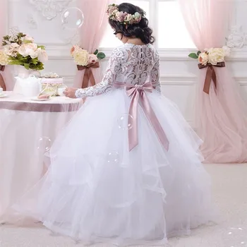 עבודת יד לבנים, פרח ילדה שמלת חתונה תחרה אפליקציה נפוח טול הנסיכה שמלת ההתייחדות הראשונה עם הסרט