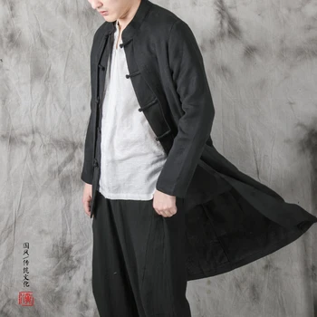 עיצוב אופנה מוצק צבע מעיל רוח סין כותנה פשתן קלאסי רטרו מעיל ארוך של גברים מקרית מעיל קרדיגן העליון
