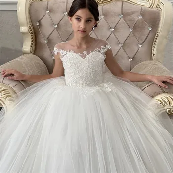 פרח ילדה שמלות לבן טול נפוחה עבור החתונה הטקס הראשון 2023 נסיכת תחרה, אפליקציות Partyball שמלת ילדה שמלות
