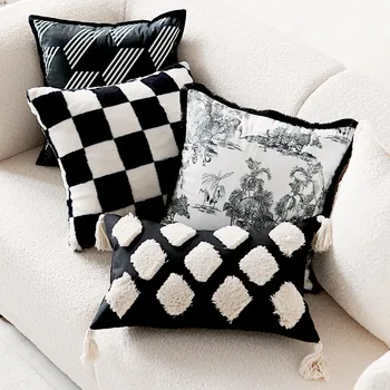 צרפתי כרית כיסוי רטרו שחמט לזרוק כרית ארוגה פשטות הכרית בסלון ספה לזרוק Pillowcover שחור לבן