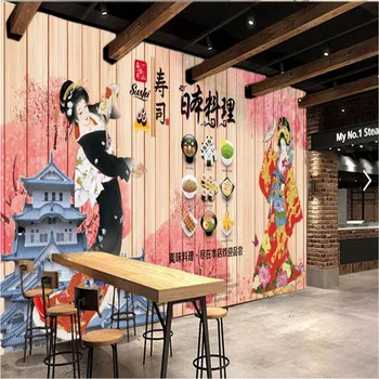 רטרו גיישה דובדבן מטבח יפני נייר קיר 3D סושי קייטרינג מסעדה תעשייתי עיצוב ציור קיר טפט 3D המסמכים דה Parede