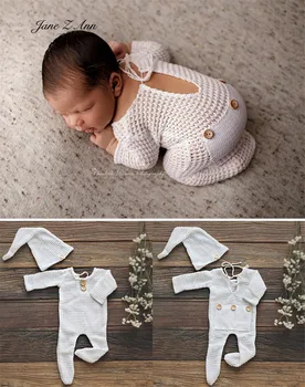 תינוק אחד-חתיכה לבנה סרוגה חלול הוללות עם כובע לתינוק למתוח תמונה בגדים היילוד צילום אביזרים